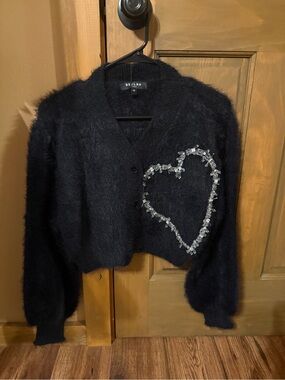 Beulah Style Fuzzy Knit Cardigan with Crystal Heart Embellishment